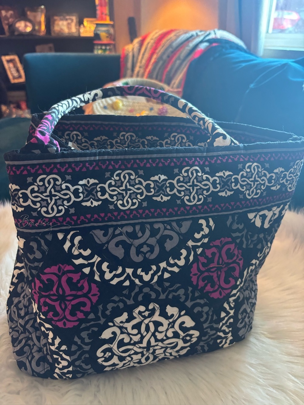 Vera Bradley Black Tote with Magenta & White Medallion Pattern